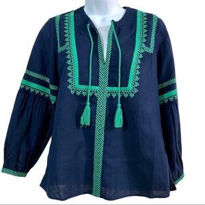 J. CREW Linen Cotton Oversized Blouse 00 Boho Peasant Relaxed Fit Embroidered
